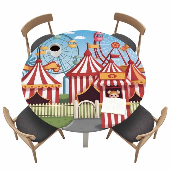 Amusement Park Fitted Tablecloth with Elastic Edged, Round Table Cloth for Dining Table, Cute Cartoon Wheelwheels Circus Waterproof Oil Proof Table Cover for Indoor Outdoor 36"-44"