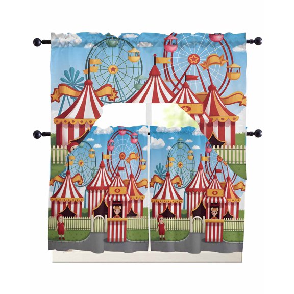 Amusement Park Kitchen Curtains Set for Windows 3 Piece Cafe Curtains 36 Inch Length Swag Curtains Valances and Tier Set Cute Cartoon Wheelwheels Circus Drapes for Bedroom Bathroom Living Room