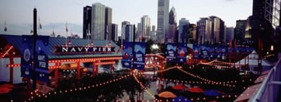 Amusement Park Lit Up At Dusk Navy Pier Chicago Illinois USA Canvas Art - Panoramic Images (36 x 13)