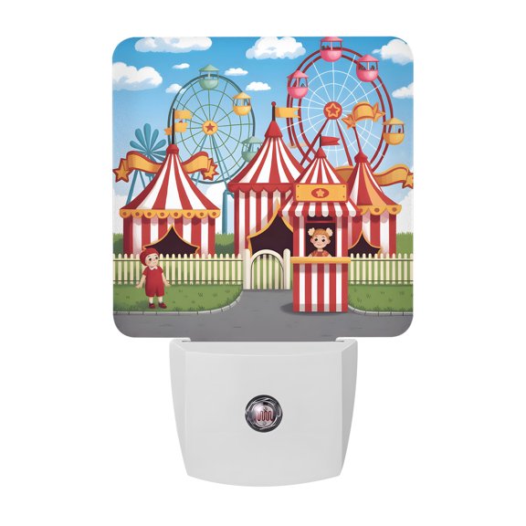 Amusement Park Night Lights Plug Into Wall, LED Dusk to Dawn Sensor Night Light, Cute Cartoon Wheelwheels Circus Nightlight for Bedroom Bathroom Living Room Hallway Home Wall Decor