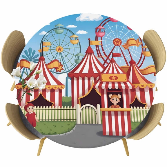 Amusement Park Round Tablecloth, Fitted Table Cover with Elastic for 55"-60" Round Tables, Cute Cartoon Wheelwheels Circus Table Cloth Outdoor Indoor Dinning Party Waterproof Tablecloths