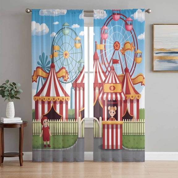 Amusement Park Sheer Curtains 108 Inch Length 2 Panels for Living Room, Cute Cartoon Wheelwheels Circus Voile Kitchen Curtain Set, Luxury Privacy Drapes Window Treatment for Bedroom