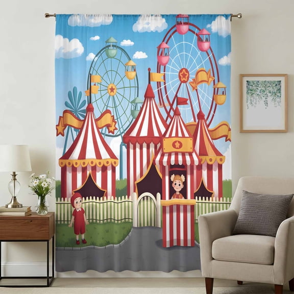 Amusement Park Sheer Curtains 45 Inches Long, Cute Cartoon Wheelwheels Circus Light Filering Curtains, Breathable Simi Curtain Privacy Drapes for Kitchen Bathroom Lightweight Small Window Treatment