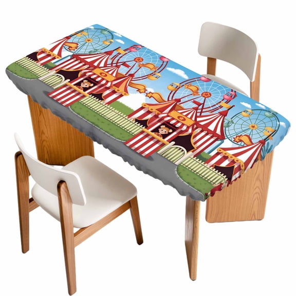 Amusement Park Table Cloths for 3 Foot Rectangle Tables, Cute Cartoon Wheelwheels Circus Patio Waterproof Elastic Fitted Tablecloths, Washable Rectangular Table Cover for Camping