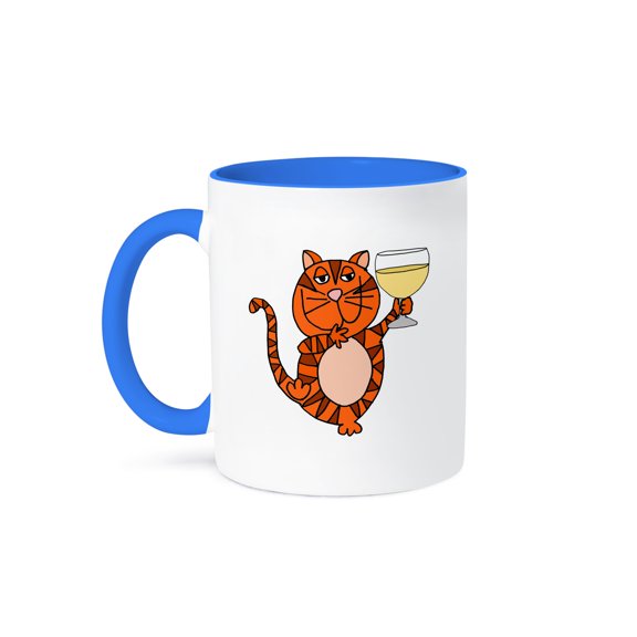 3dRose, Amusing Cute Orange Tabby Cat Drinking White Wine Cartoon , 11oz Two-Tone Blue Mug