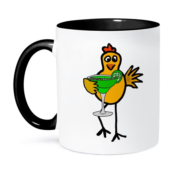 3dRose, Amusing Cute Yellow Chicken Drinking Margarita Cartoon, 15oz Two-Tone Black Mug