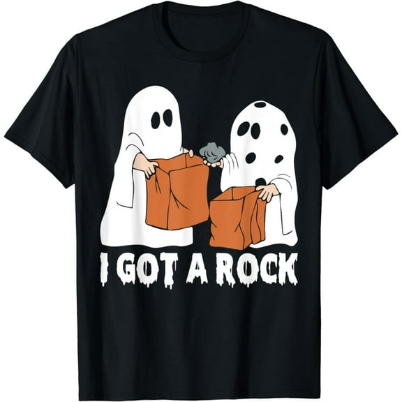 Amusing Spooky - Season Themed Patterned Tee,Tops Boasts "I GOT A ROCK" Text and Ghost & Treat Bag Illustrations, Round Neck Regular Fit T - shirts, Size(S - 5XL)