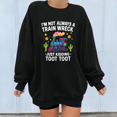 thumbnail image 1 of Women's Black Print Sweatshirt Graphic Sweatshirt Funky Train Wreck Western Scene I'm Not Always A Train Wreck Just Kidding Toot Toot Tops S-3XL, 1 of 5