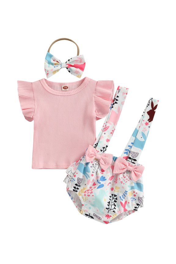 3Pcs Baby Girls Outfit, Sweet Style Solid Color Fly Sleeve Round Collar Tops + Flower Printing Bow Suspender Shorts + Headwear