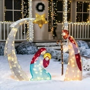 Amuver Outdoor Nativity Scene, Metal Birth of Jesus Decorations with LED Mini Lights, Fun Glowing Xmas Ground Lawn Yard Outdoor Decor