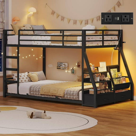 Amuzer Bunk Bed with Sling Bookshelves, Storage Drawers & Power Outlet, LED Metal Floor Bunk Twin Over Twin with Full-Length Guardrail,Metal Slats, No Box Spring Needed,Black