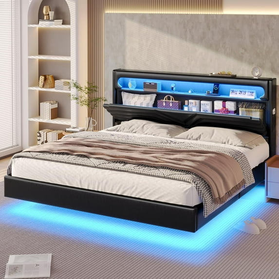 Amuzer Floating King Bed Frame with Charging Station, PU Leather Platform Bed with Storage Headboard and LED Lights, Black