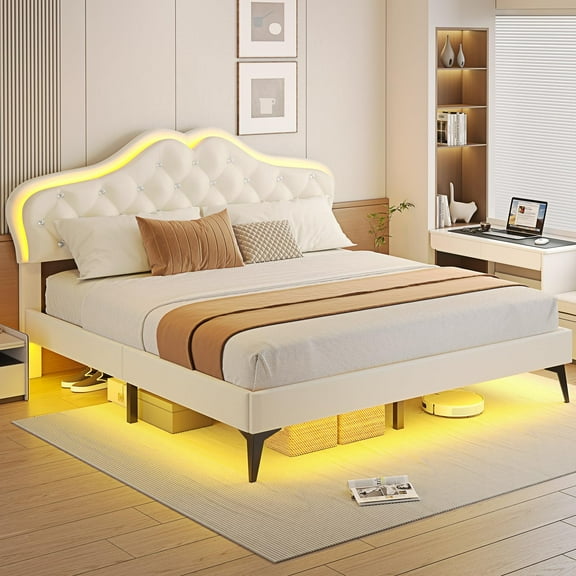 Amuzer Full Size Bed Frame with LED Lights,Morden Platform LED Bed with Upholstered Headboard, White