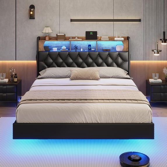 Amuzer Full Size Floating Bed Frame with Charging Station and LED Lights, Upholstered Platform Bed Frame with Storage Headboard, Black