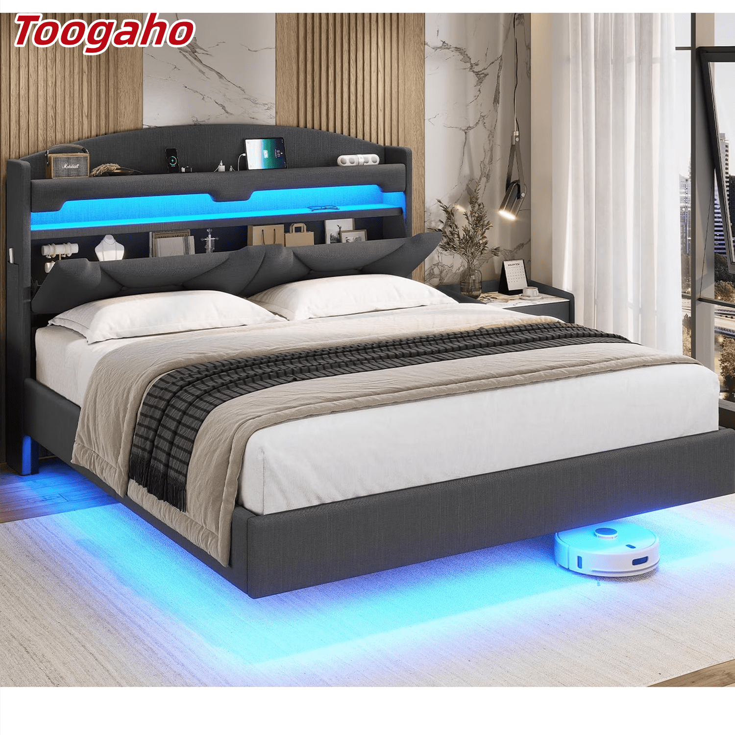 Toogaho Full Size Floating Bed Frame with Charging Station and LED ...