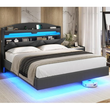 Amuzer Full Size Floating Bed Frame with Charging Station and LED Lights, Upholstered Platform Bed Frame with Storage Headboard, Gray