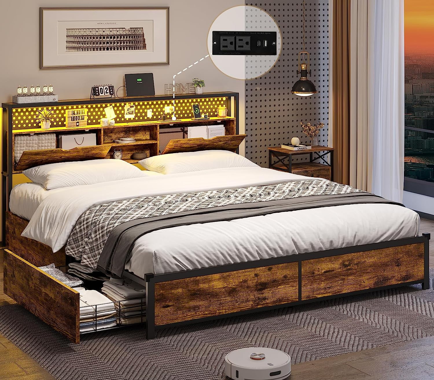 Amuzer Full Size Industrial Bed Frame with Storage Headboard and ...