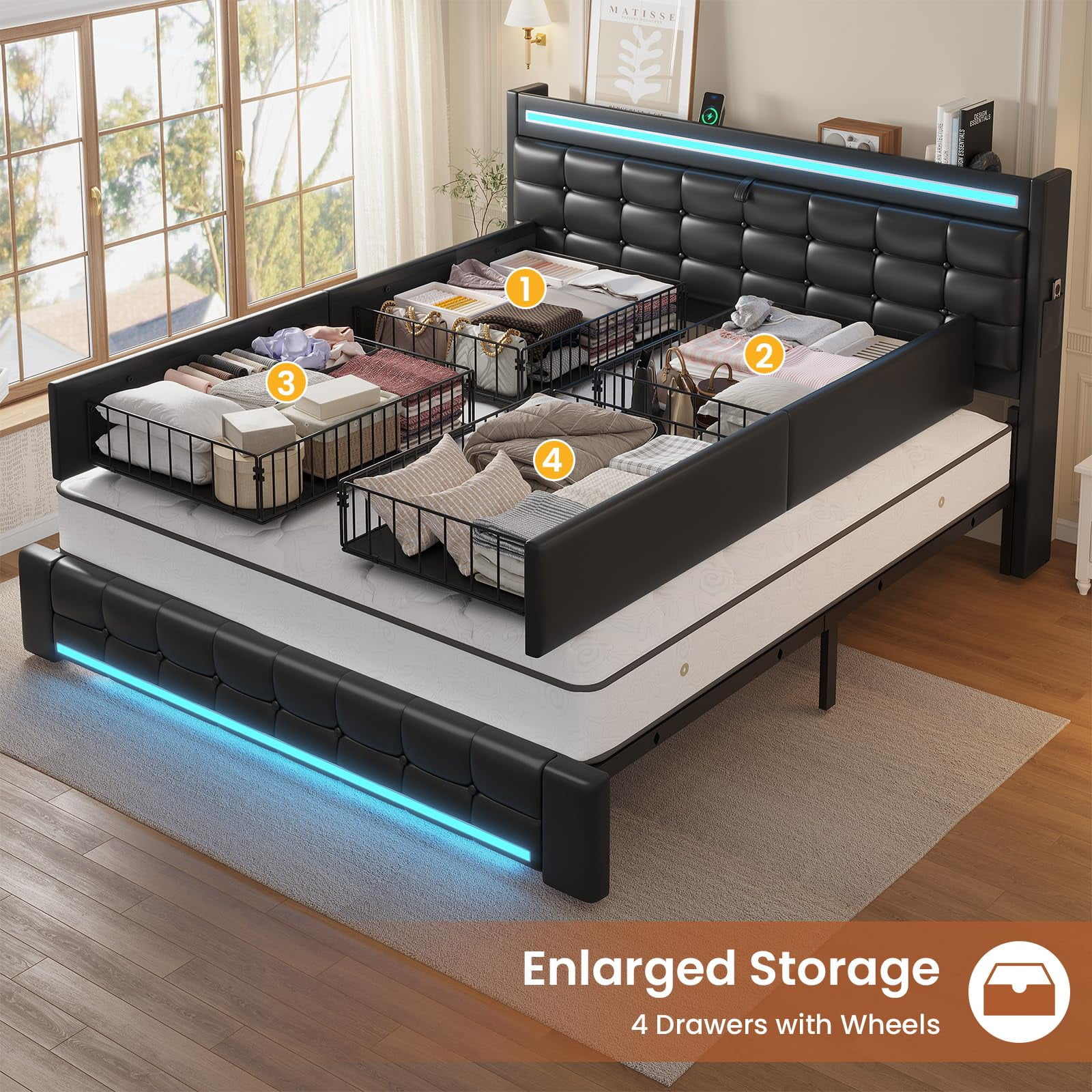 Amuzer King Size Bed Frame with 4 Storage Drawers, LED Bed Frame King ...