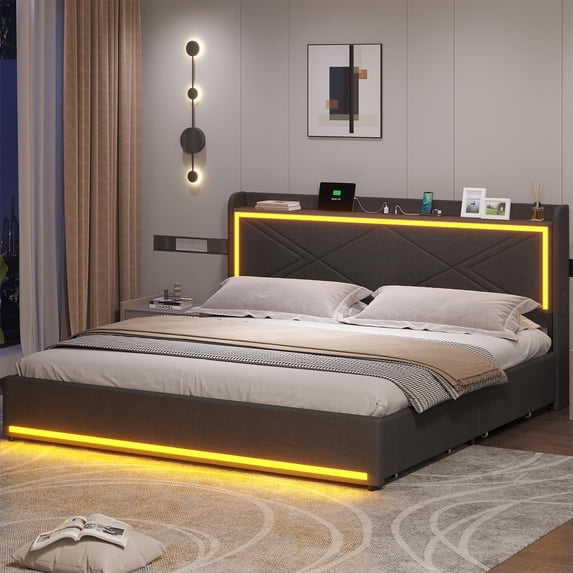 Amuzer King Size Bed Frame with Charging Station and Lights, Upholstered Platform Bed Frame with Drawers, Gray