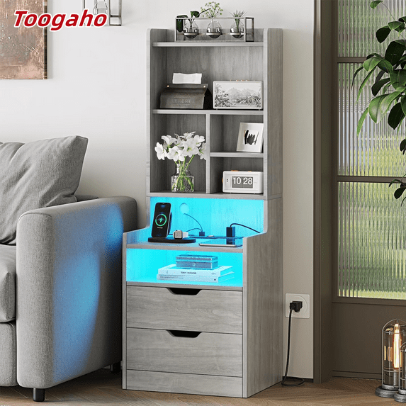 Toogaho Nightstand with 2 Drawers and Bookshelf, Bedside Table with LED Light and Charging Station, End Table Storage Cabinet for Bedroom, Gray