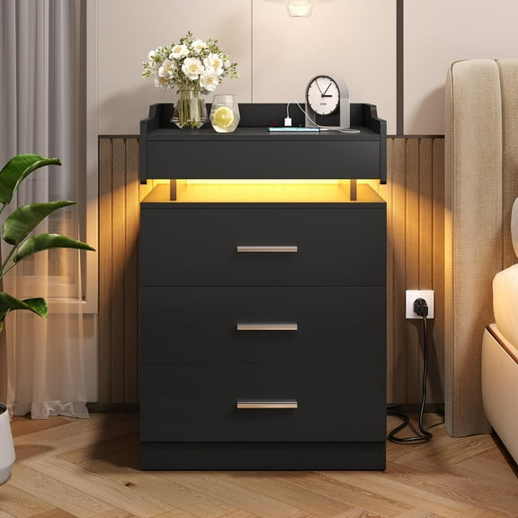 Amuzer Nightstand with Charging Station, LED Bedside Table with Drawers and Tray, End Side Table for Bedroom, Living Room, Black