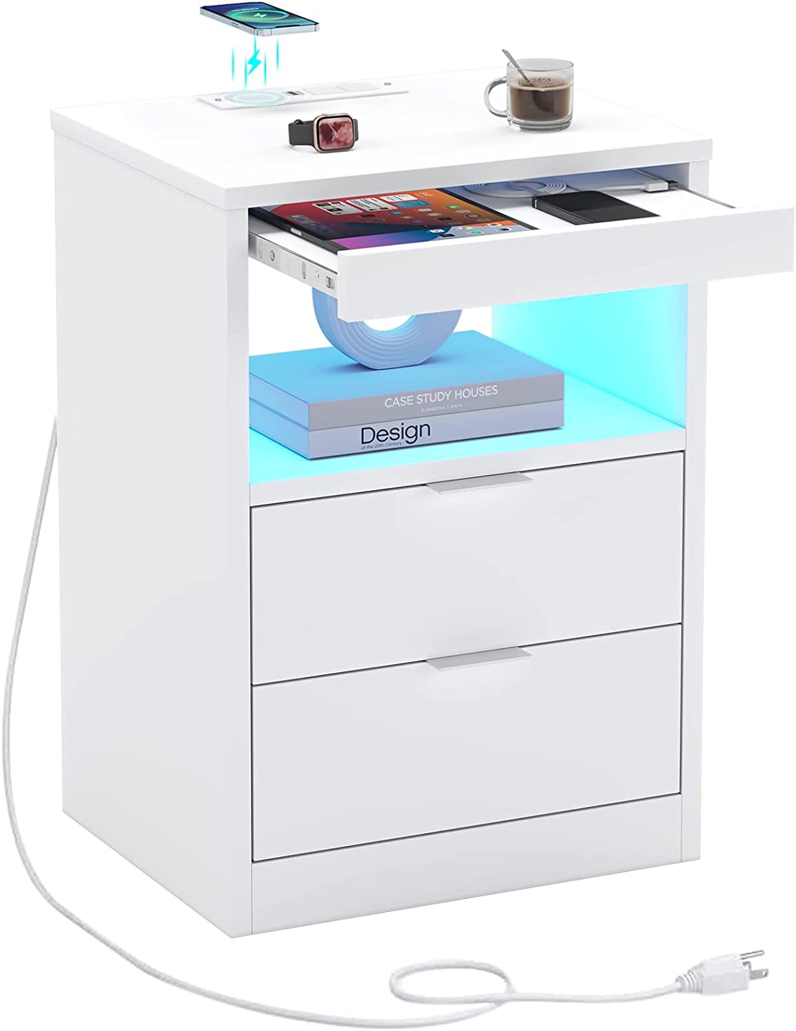 Amuzer Nightstand with Drawers, End Table with Wireless Charging Station, Side Table with LED Lights, White