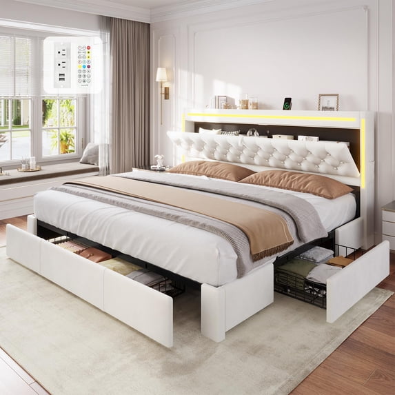 Amuzer Platform Bed Frame King Size with 5 Storage Drawers, Hidden Storage Headboard,with LED Light,Charging Station, Velvet Button Tufted Upholstered Headboard,Beige