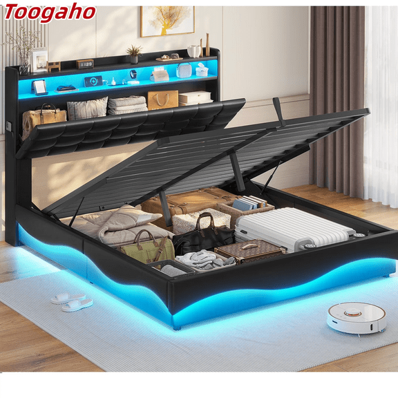 Amuzer Queen Bed Frame with Lift Up Storage,Type-C Charging Station,Hidden Storage Headboard, Upholstered Platform Bed with LED Lights,with Hydraulic, No Box Spring Needed,Black