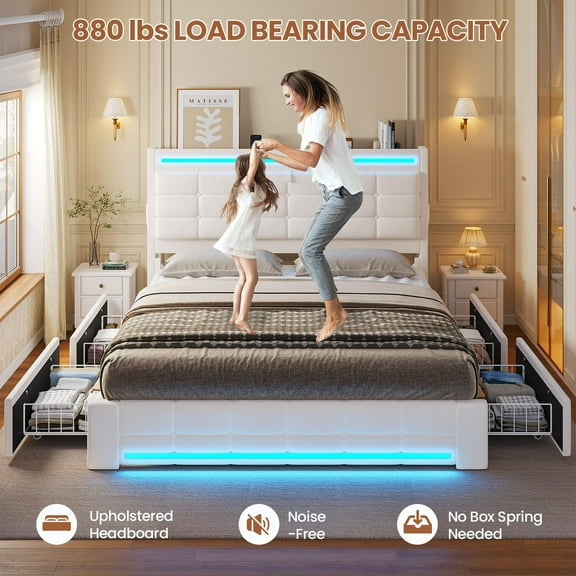 Amuzer Queen Bed Frame with Storage Headboard & 4 Drawers, LED Light,Charging Station, Leather Upholstered Platform Bed Frame with Button Tufted, No Box Spring Needed, White PU