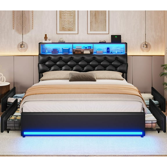 Amuzer Queen Bed Frame with Charging Station and 4 Drawers, LED PU Leather Platform Bed with Storage Headboard, Black