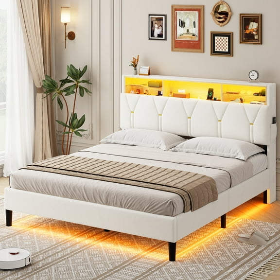 Amuzer Queen Bed Frame with Storage Headboard, Upholstered Platform Bed with LED Lights and Charging Station, White