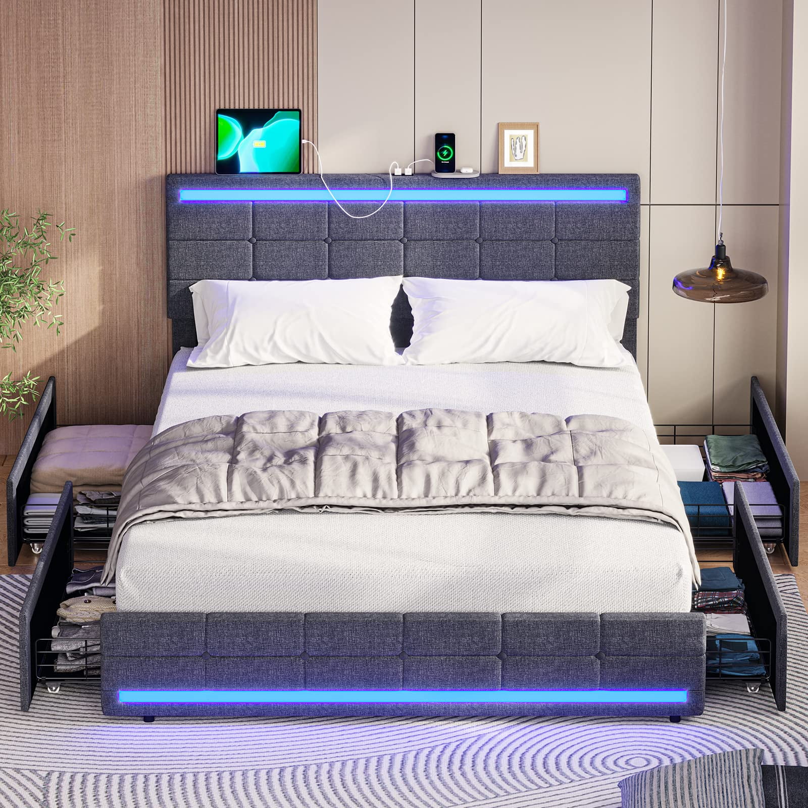 Amuzer Queen Size Bed Frame with Drawers, Upholstered Headboard with Charging Station and LED Lights, Gray