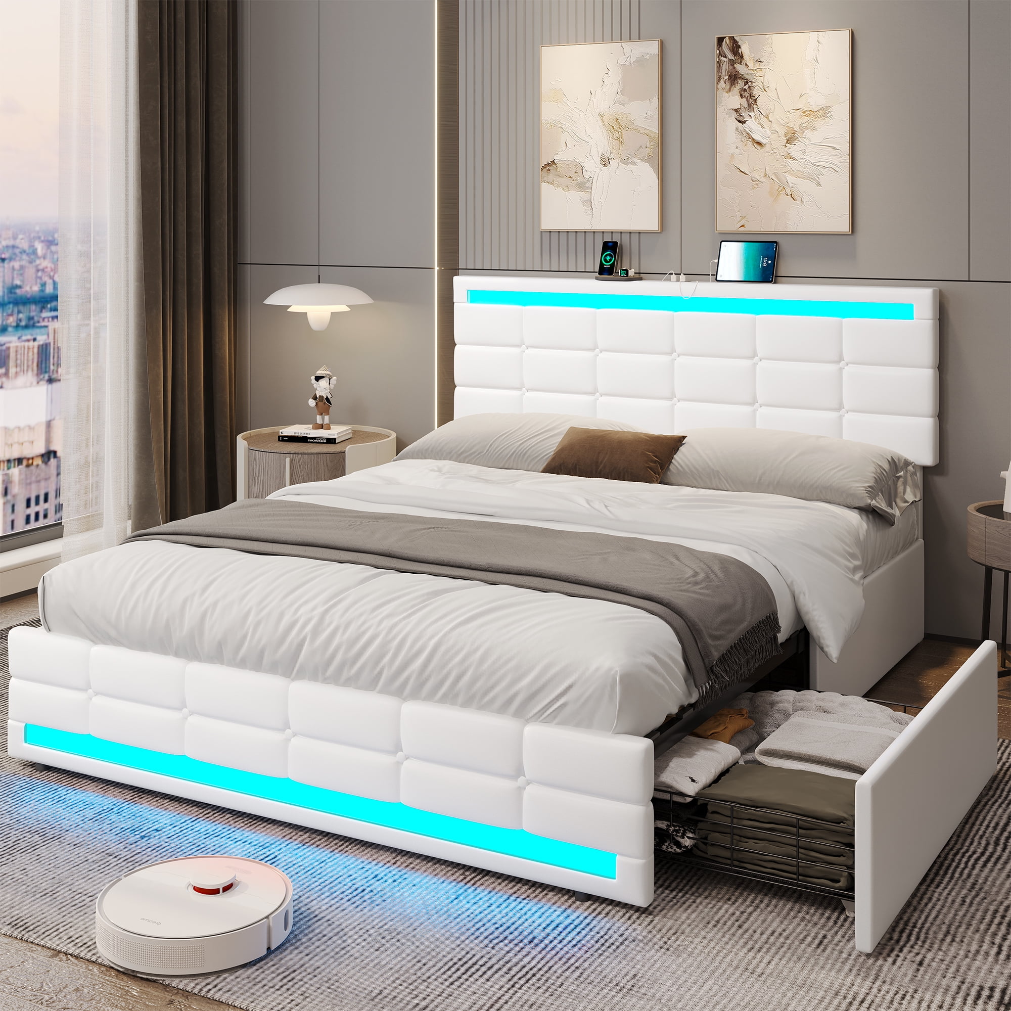 Amuzer Queen Size Bed Frame with USB, Upholstered Platform Bed Frame with Drawers and LED Lights, White