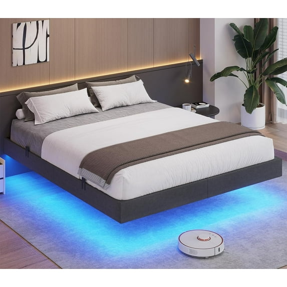 Amuzer Queen Size Floating Bed Frame with LED Lights, Metal Platform Bed for Bedroom, Gray