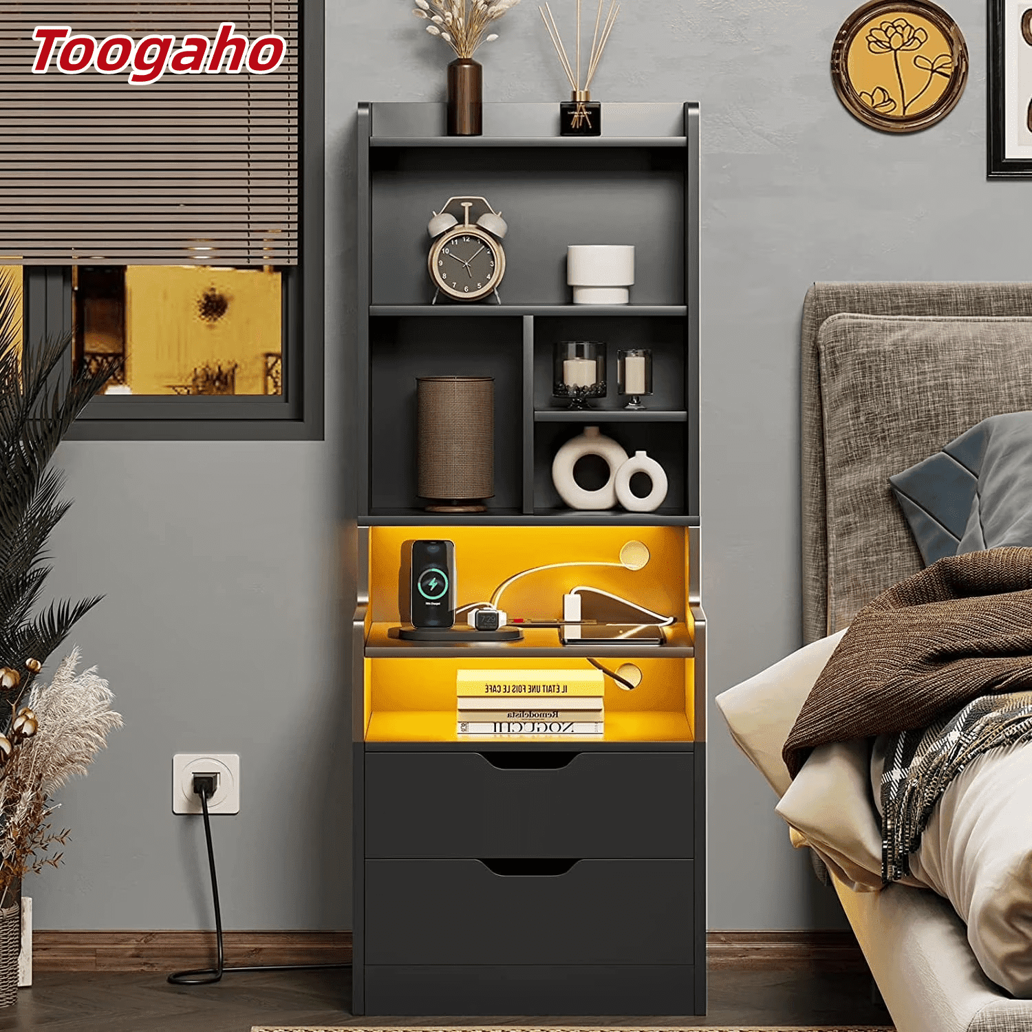 Toogaho Tall Nightstand with LED Lights and Charging Station,Nightstand with Shelves and 2 Drawers, Bedside Table with Bookshelf, Tall Side End Table with Storage,Black