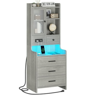 Amuzer Tall Nightstand with Charging Station, LED Bedside Table with Bookshelf and Drawers, Gray