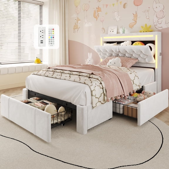 Twin Bed Frame with Storage Headboard & 3 Drawers, Power Outlet Type-C/A, Velvet Upholstered Princess Girls Bed Twin Size, No Box Spring Needed, Creamy White