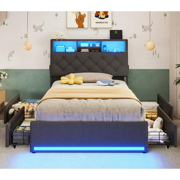 Amuzer Twin Bed Frame with Charging Station and 4 Drawers, LED Platform Bed with Storage Headboard, Gray