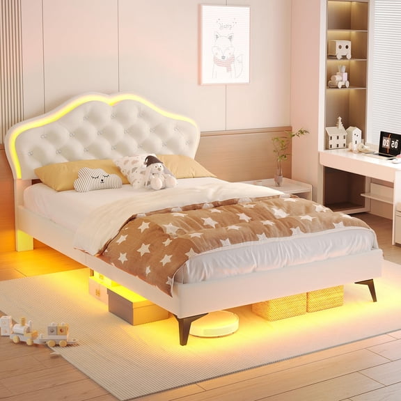Amuzer Twin Bed Frame with LED Lights, Upholstered Platform Bed with Adjustable Headboard, White