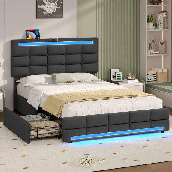 Amuzer Twin Bed Frame with USB Ports and LED Lights, Upholstered Platform Bed Frame with Drawers, Height Adjustable Headboard, Gray