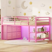 Amuzer Twin Loft Bed with 6 Storage Drawers,Open Storage Shelves, Low Metal Loft Bed with LED Lights,Twin Size Bed Frame with 15" H Safety Guardrail,Stairs,Pink