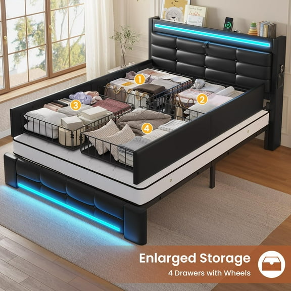 Amuzer Twin Size Bed Frame with Headboard 4 Storage Drawers, LED Bed Frame with Charging Station, Leather Upholstered Platform Bed Frame with Button Tufted, No Box Spring Needed,Black PU