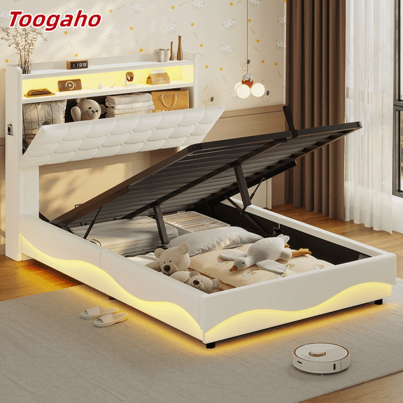 Amuzer Twin Size Bed Frame with Lift Up Storage, Power Outlet,LED Lights Storage Headboard,Twin Velvet Upholstered Bed, No Box Spring Needed,Creamy White