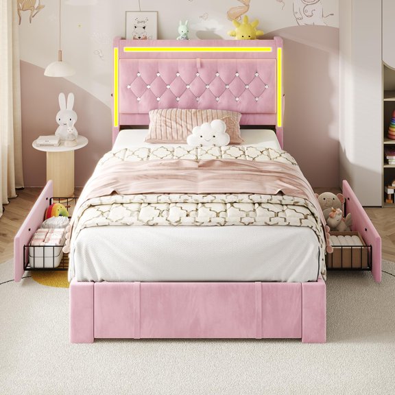 Amuzer Twin Size Bed Frame with LED Light Headboard,3 Storage Drawers, Power Outlet,Velvet Upholstered Princess Girls Bed,No Box Spring Needed, Pink