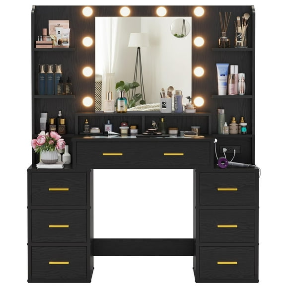 Amuzer Vanity Desk with Lighted Mirror, Makeup Vanity Table with Charging Station, Drawers, Black