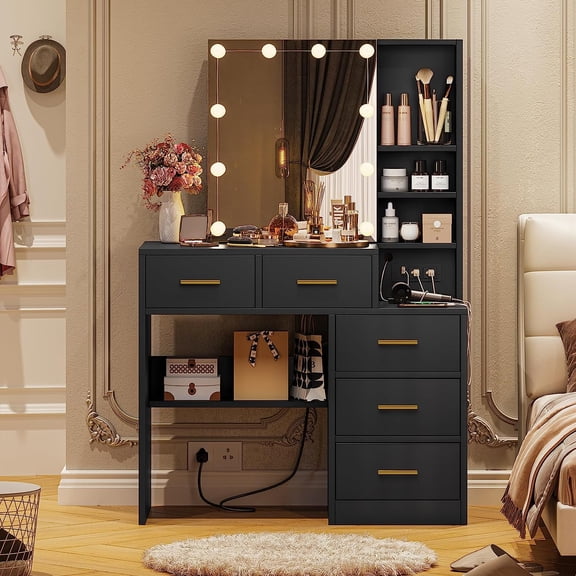 Amuzer Vanity Table with Charging Station, LED Makeup Desk with Lighted Mirror and Drawers, Black