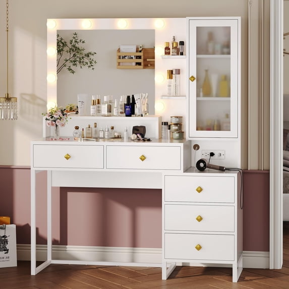Amuzer Vanity Table with Lighted Mirror, Makeup Table with Drawers,Vanity Desk with Storage Shelves and Charging Station, White