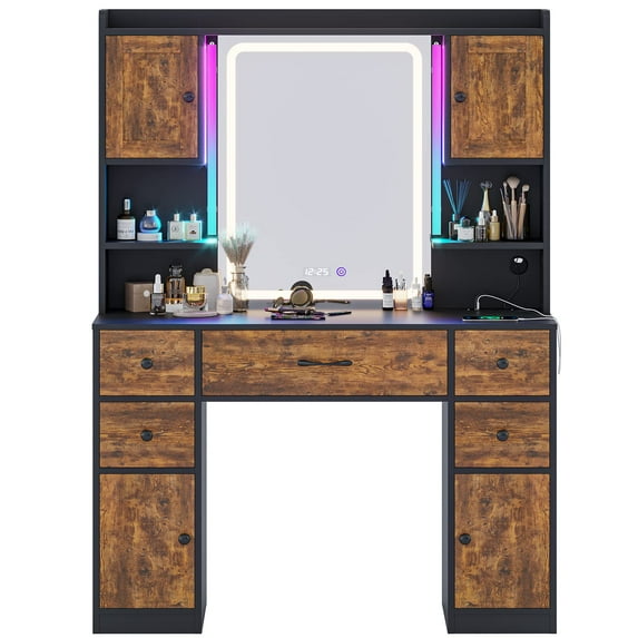 Amuzer Vanity Table with Storge Drawers, Makeup Desk with Charging Station and LED Lighted Mirror, Rustic Brown