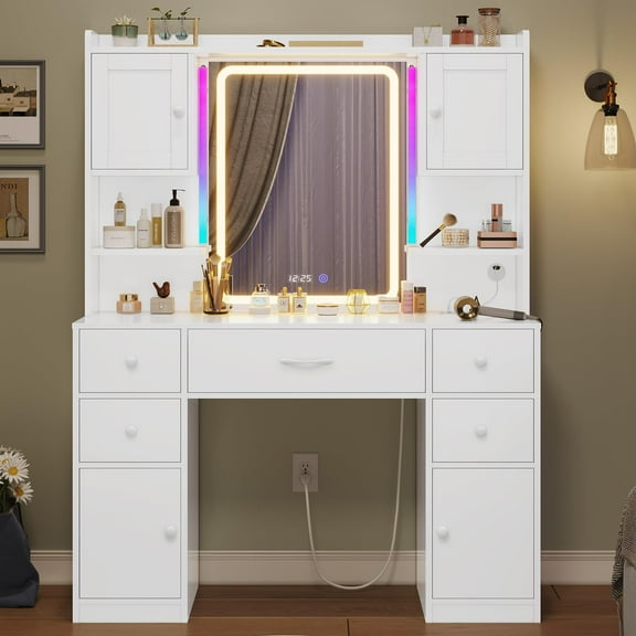 Amuzer Vanity Table with Storge Drawers, Makeup Desk with Charging Station and LED Lighted Mirror, White