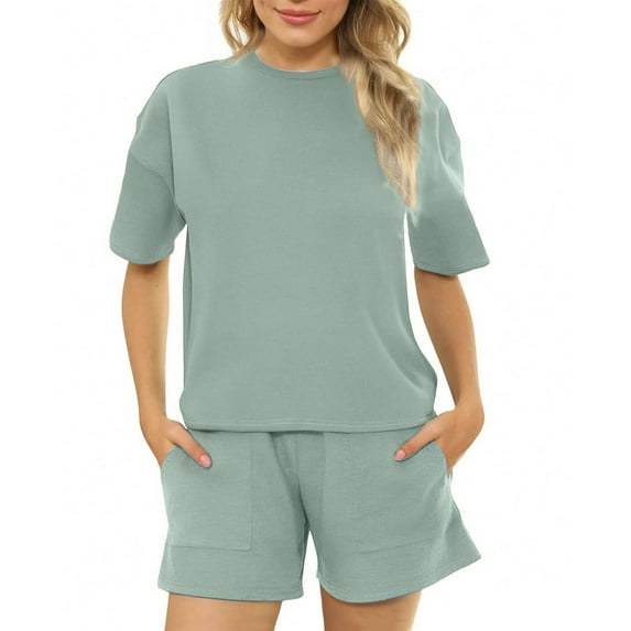 Amvlyk 2 Piece Sets for Women Summer Pullover Short Sleeve Top Sweatsuit Shorts Sets Jogger Tracksuit Sets Casual Workout Outfits Fashion Two Piece Lounge Sets for Vacation Running Gym Travel Outfits